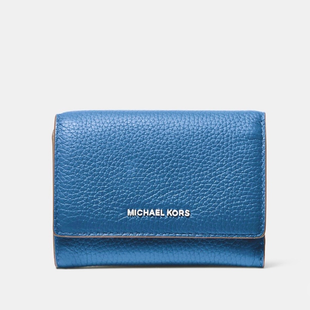 Michael Kors Bryant Pebbled Leather Tri-Fold Wallet | Blue | Silver Hardware